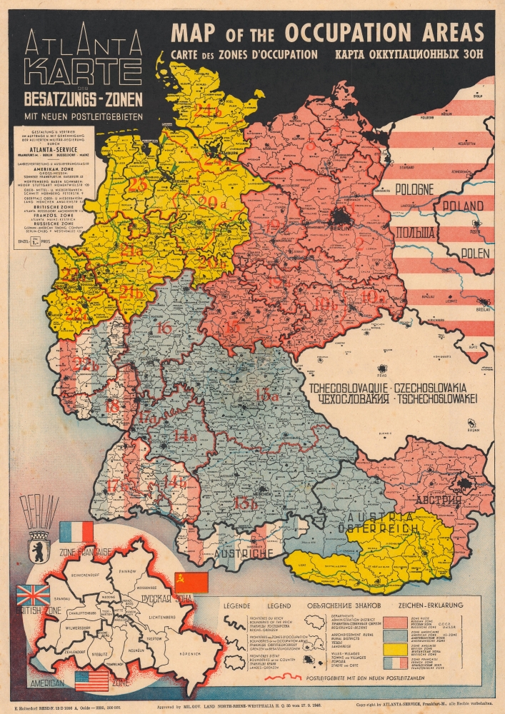 Atlanta Karte der Besatzungs-Zonen mit Neuen Postleitgebieten. Map of the Occupation Areas. Carte des Zones d'Occupation. КАРТА ОККУПАЦИОННЫХ ЗОН. - Main View