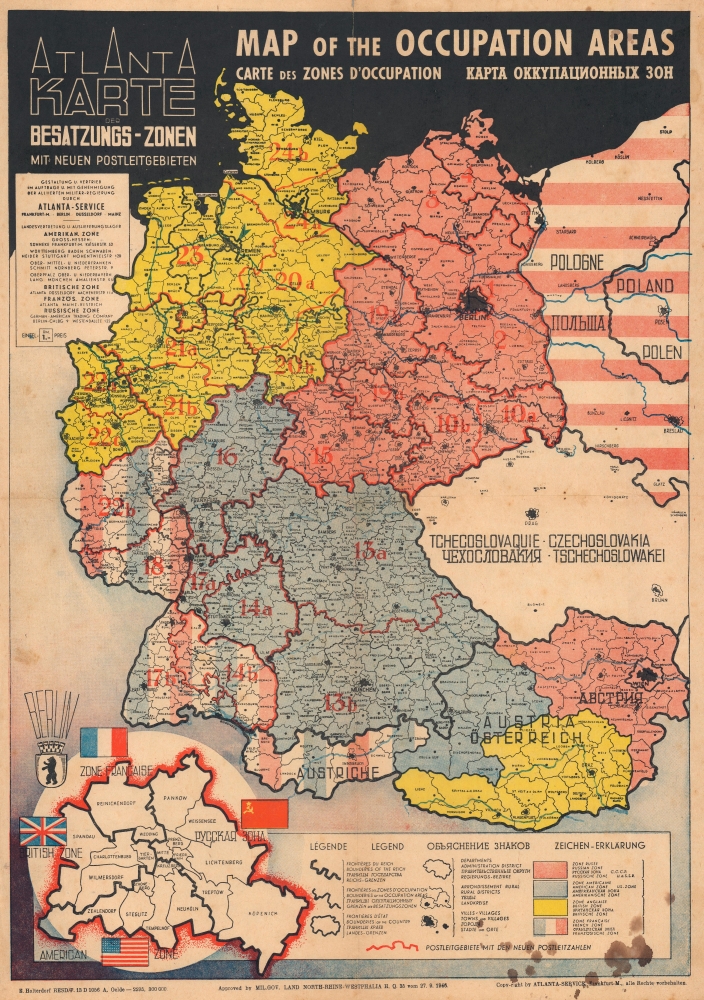 Atlanta Karte der Besatzungs-Zonen mit Neuen Postleitgebieten. Map of the Occupation Areas. Carte des Zones d'Occupation. КАРТА ОККУПАЦИОННЫХ ЗОН. - Main View