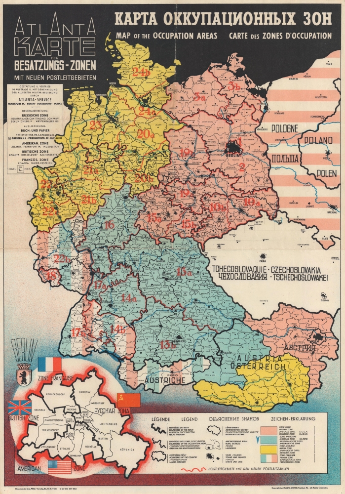 Atlanta Karte der Besatzungs-Zonen mit Neuen Postleitgebieten. КАРТА ОККУПАЦИОННЫХ ЗОН. Map of the Occupation Areas. Carte des Zones d'Occupation. - Main View