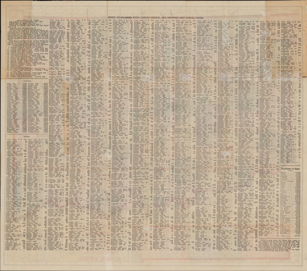 Map of the State of Oklahoma with Latest Official Census / Road Map of Oklahoma. - Alternate View 1