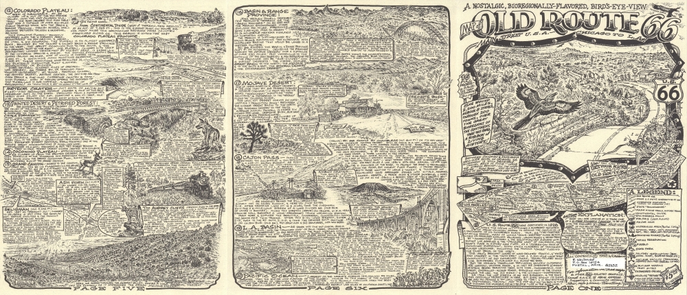 A Nostalgic, Bioregionally-Flavored, Bird's-Eye-View Map of Old Route 66. Main Street U.S.A. - Chicago to L.A.! - Alternate View 4
