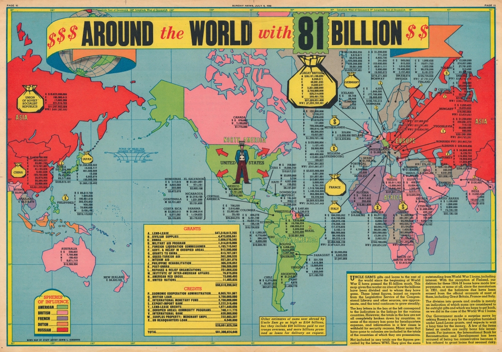 1950 Sundberg 'Sunday News' Map of the World Highlighting International Aid