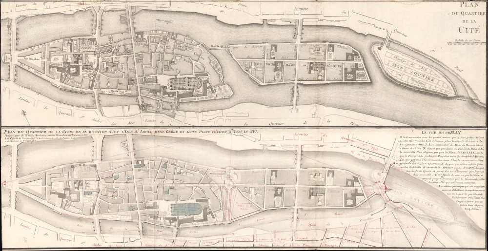 1789 De Wailly Map of Cité Quarter, Paris w/ Manuscript Proposal to unite Seine Islands