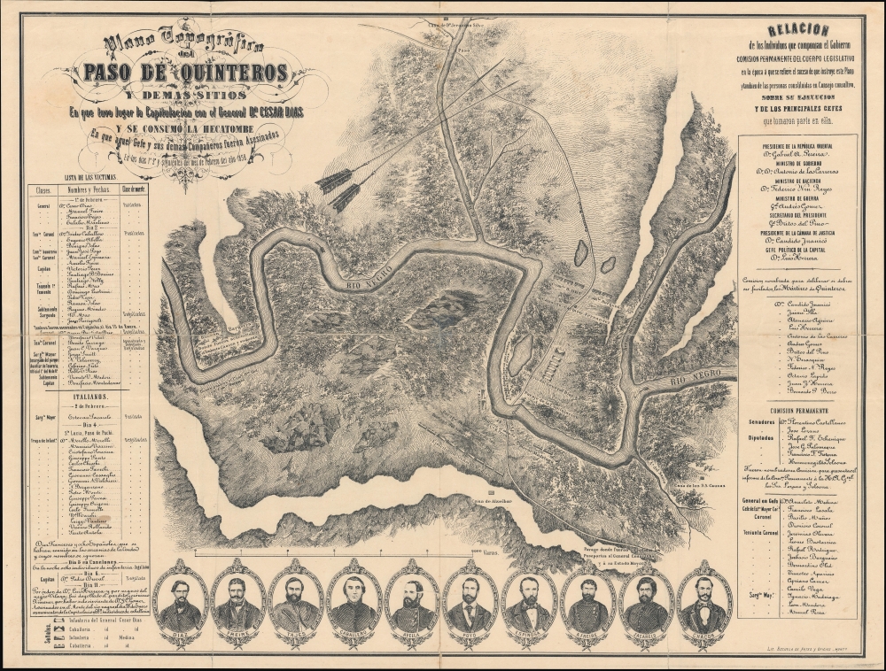 Plano topográfico del Paso de Quinteros y demás sitios en que tuvo lugar la capitulación del Gral. César Díaz y se consumó la hecatombe en que aquel Gefe y sus demás compañeros fueron asesinados en los días 1 y 2 y siguientes del mes de febrero del año 1858. - Main View