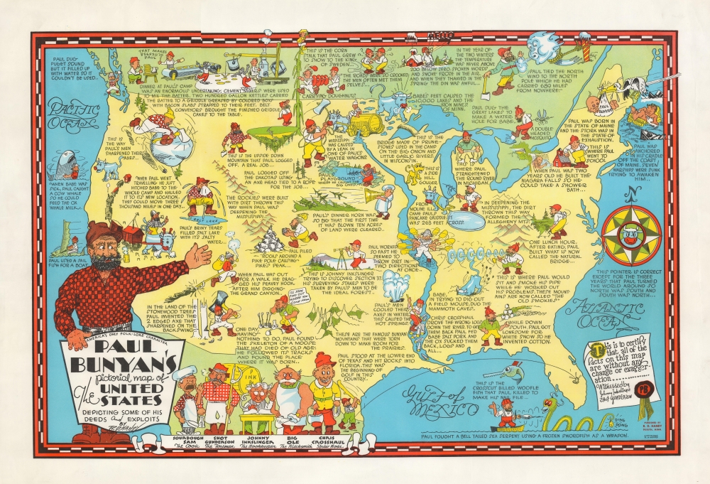 America's only folk-lore character Paul Bunyan's pictorial map of the United States Depicting Some of his Deeds and Exploits. - Main View