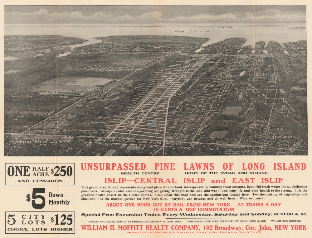 1910 Spofford Bird's-Eye View Map of Central Islip, Long Island, New York