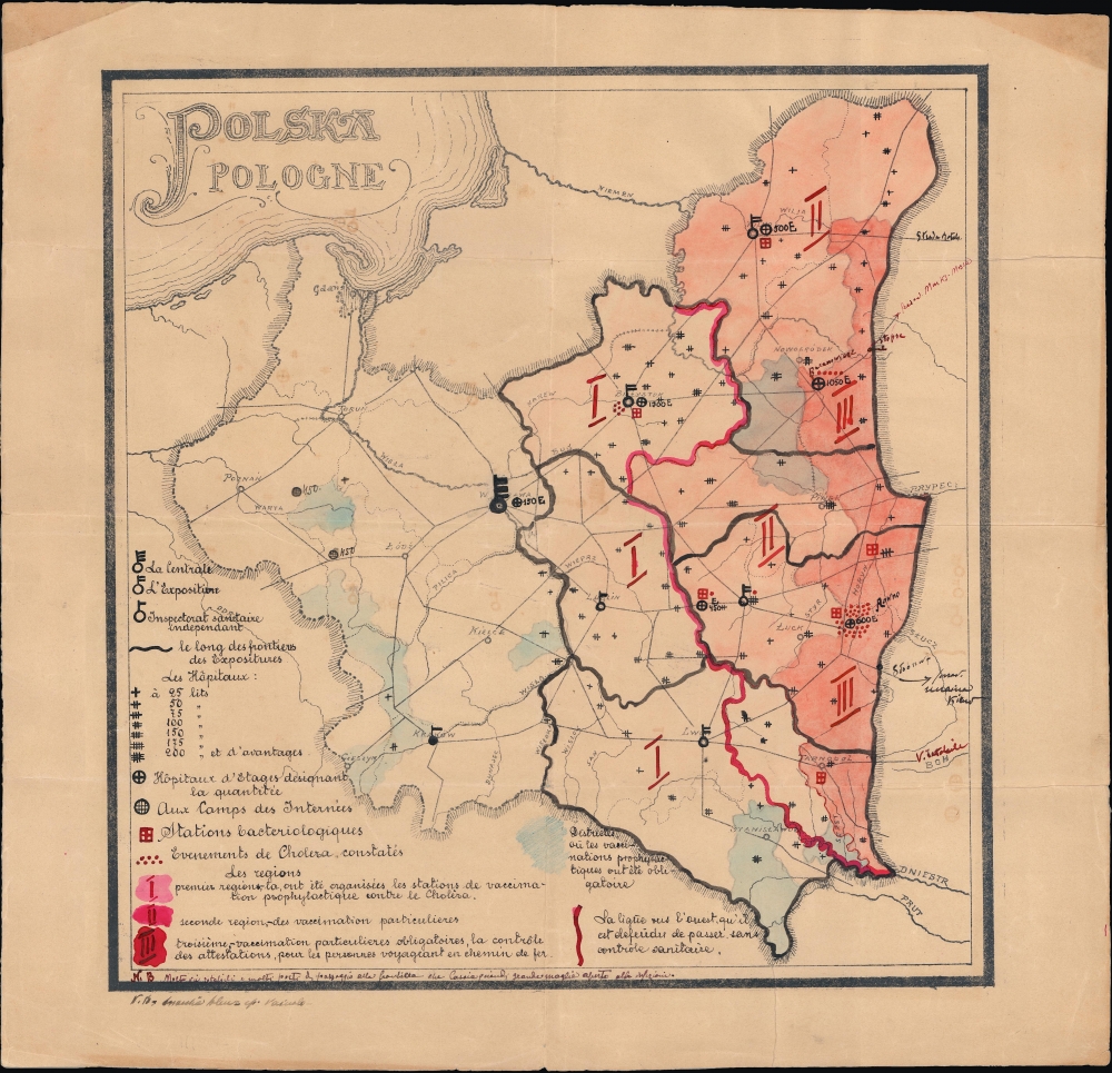 1923 French Map of Poland, Cholera Outbreak and Vaccination Measures