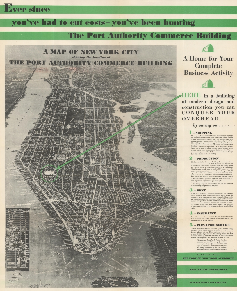 Map of New York City showing the location of the Port Authority Commerce Building. - Main View