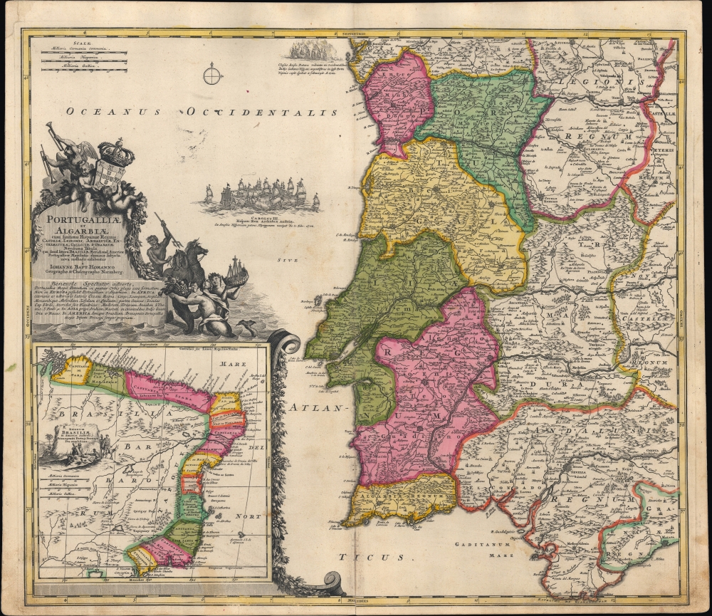 1710 Homann Map of Portugal w/ Brazil, War of the Spanish Succession