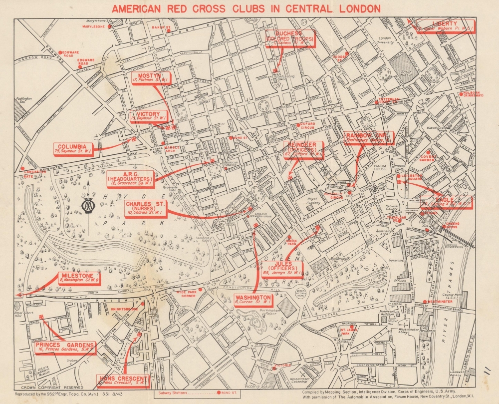 1943 U.S. Army Engineers Map of Central London American Red Cross Clubs