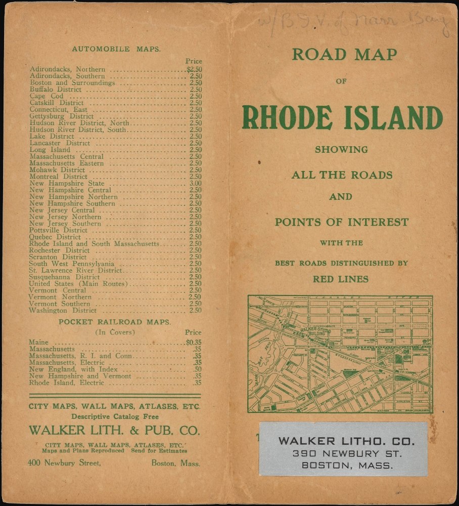 Rhode Island / Road map of Rhode Island showing all the roads and points of interest, with the cycling roads distinguished by red lines. - Alternate View 2