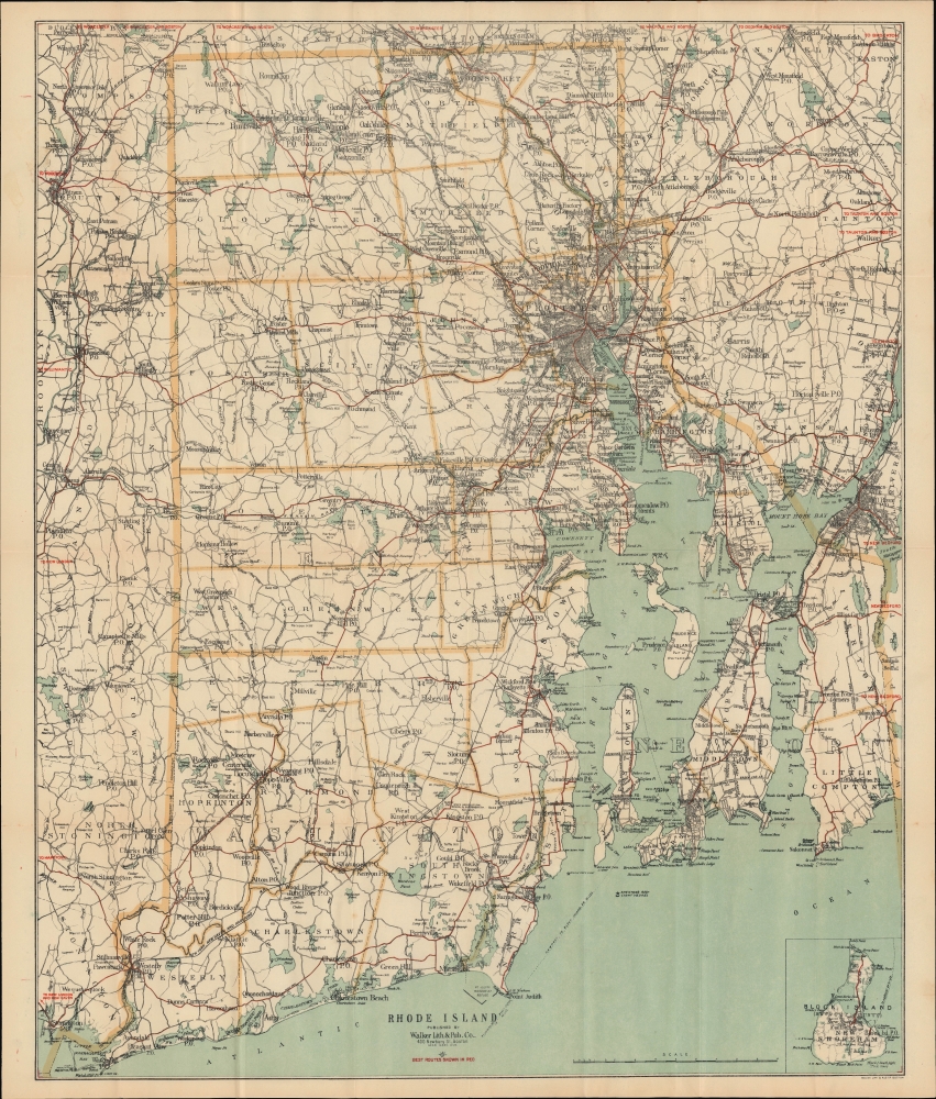 Rhode Island / Road map of Rhode Island showing all the roads and points of interest, with the cycling roads distinguished by red lines. - Main View