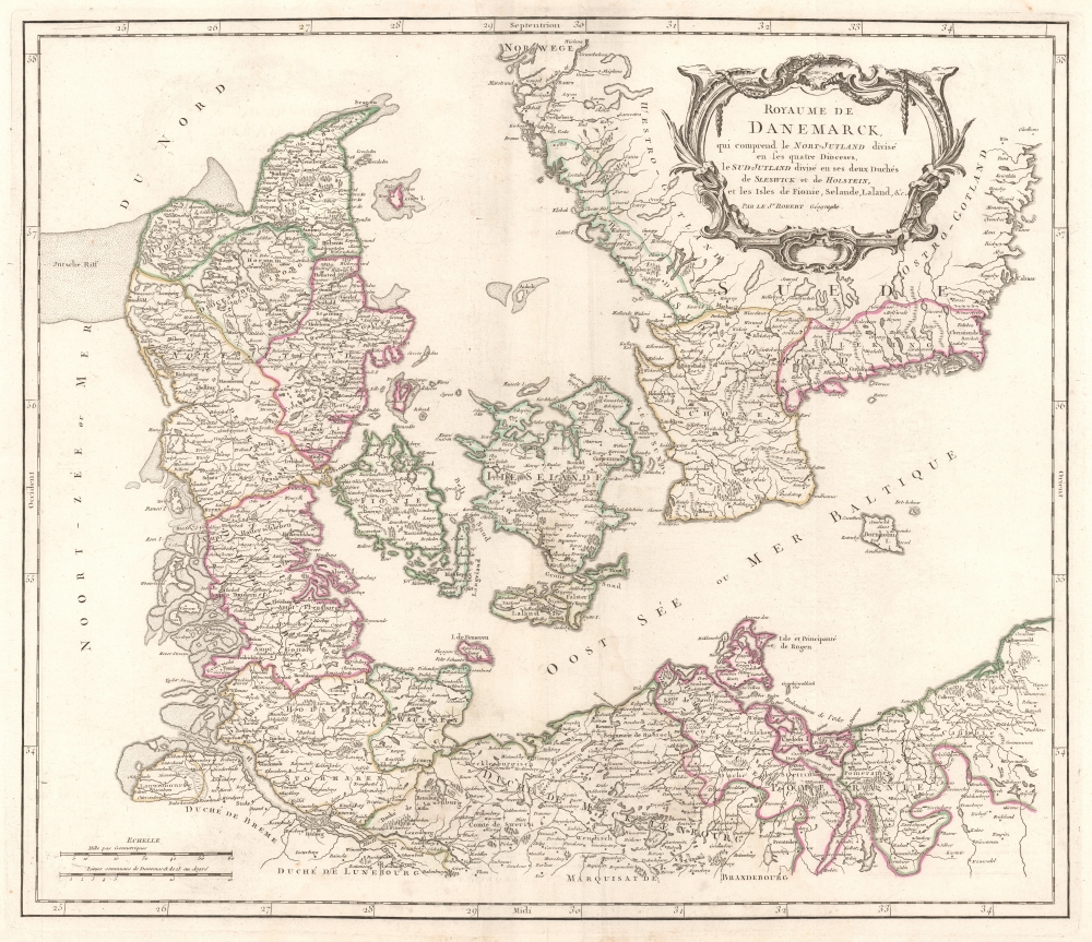 Royaume de Danemarck, qui comprend le Nort-Jutland divisé en ses quatre Dioceses, le Sud-Jutland divisé en ses deux Duchés de Sleswick et de Holstein, et les Isles de Fionie, Selande, Laland, etc. - Main View