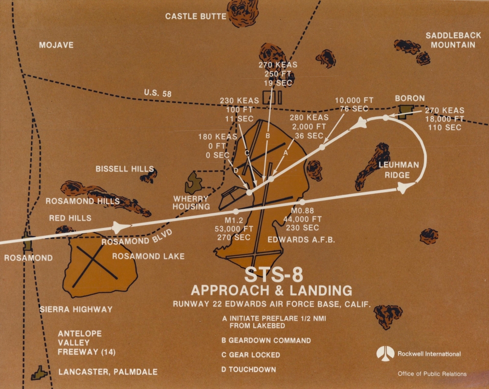 Deorbit and Entry Track. Entry Ground Track. Descent Over California. STS-8 Approach and Landing Runway 22 Edwards Air Force Base, Calif. - Alternate View 4