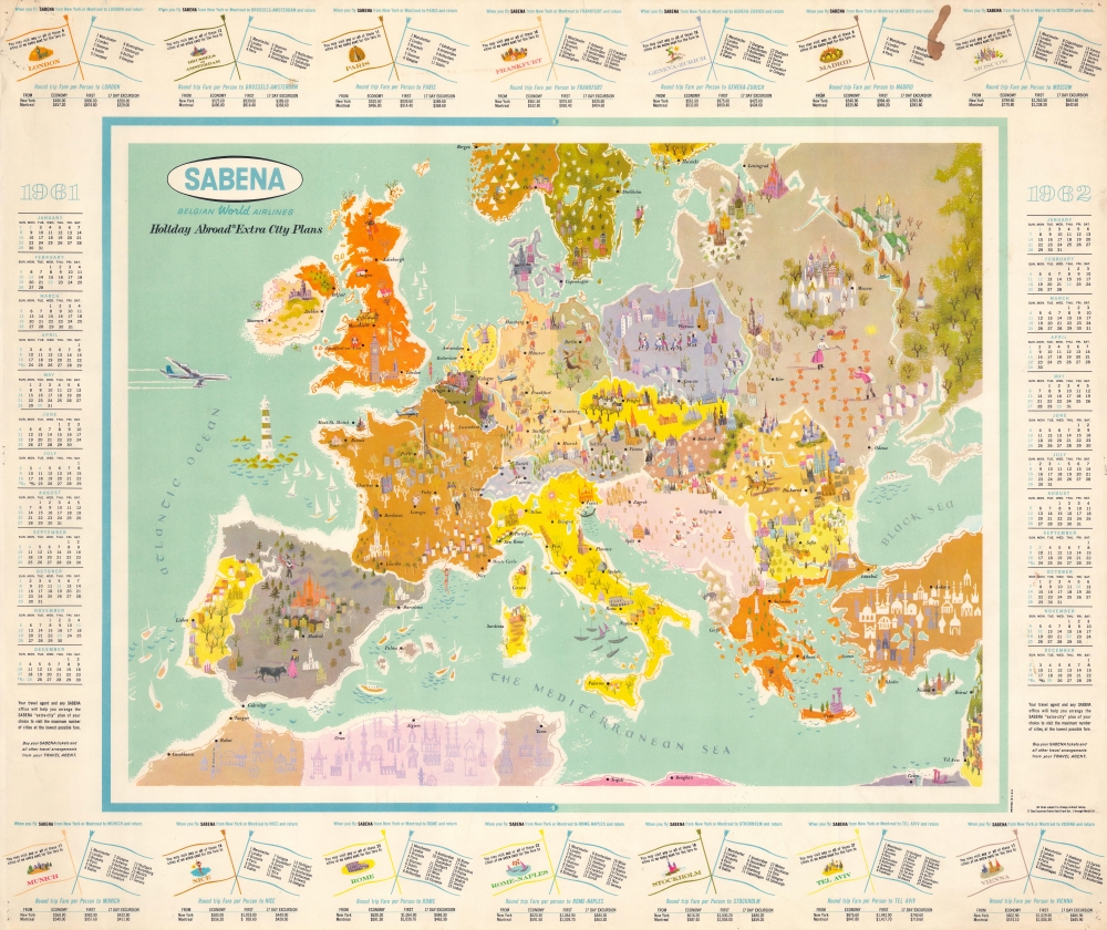 1961 Sabena Belgian World Airlines Pictorial Map of Europe