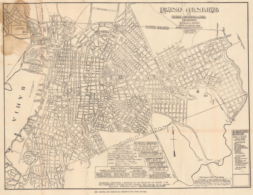 1939 Luis Martinez Vidaud City Plan or Map of Santiago de Cuba, Cuba