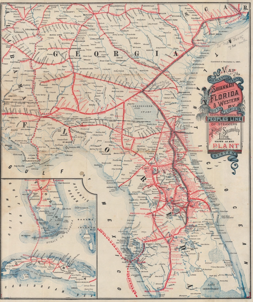 Map of the Charleston and Savannah Railway, Savannah Florida and Western Railway, South Florida R.R. And all the Routes operated by the Peoples Line of Steamers and Plant Steamship Line Known as the Plant System. - Main View