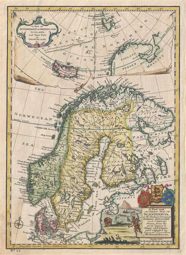 A New and Accurate Map of Scandinavia or the Northern Crowns of Sweden, Denmark and Norway.  A Map of Spitzbergen or Greenland, Iceland and some part of Groenland etc. - Main View