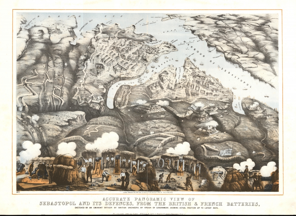 Accurate Panoramic View of Sebastapol and its Defences, from teh British and French Batteries sketched by an eminent officer of the British Engineers, by order of Government, Showing actual position up to latest Date. - Main View