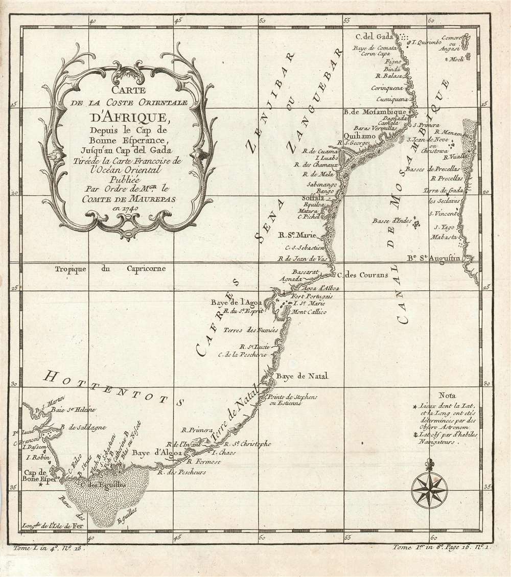 Carte de la coste orientale d'Afrique depuis le Cap de Bonne Esperance jusqu'au Cap del Gada : tireéde la carte francoise de l'ocean oriental publieé par ordre de mgr. le comte de Maurepas en 1740. - Main View