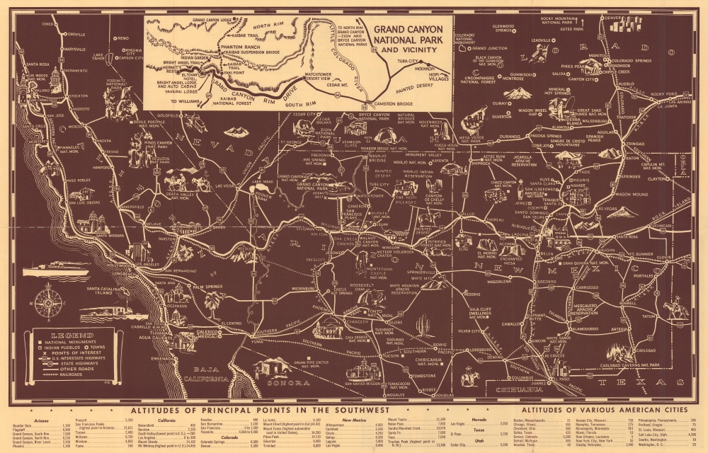 Illustrated Map of the Great Southwest including Points of Interest in Nevada and Arizona. - Main View