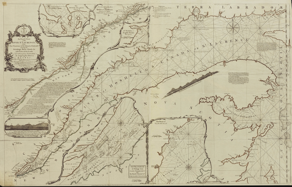 An Exact Chart of the River St. Laurence from Fort Frontenac to the Island of Anticosti shewing the Soundings, Rocks, Shoals and c with Views of the Lands and all necessary Instructions for navigating that River to Quebec. - Main View