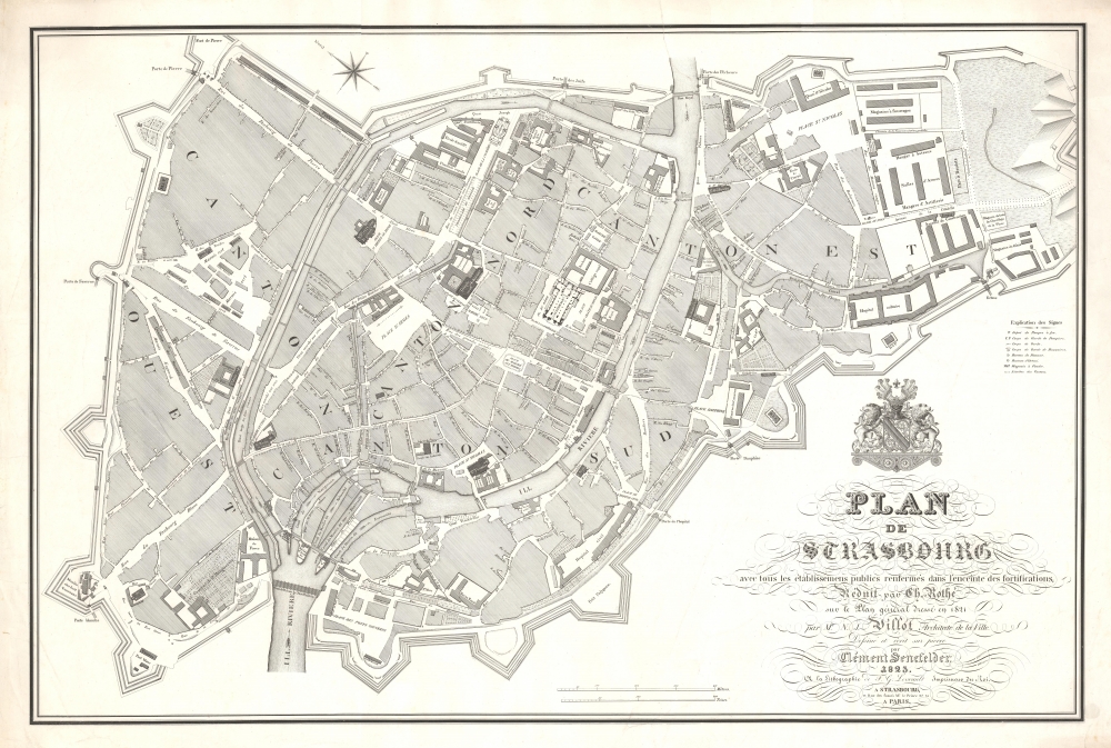 Plan de Strasbourg avec tous les établissemens publics renfermés dans l'enceinte des fortifications, réduit par Ch. Rothé sur le plan général dressé en 1821 par Mr. N. J. Villot, architecte de la ville. - Main View