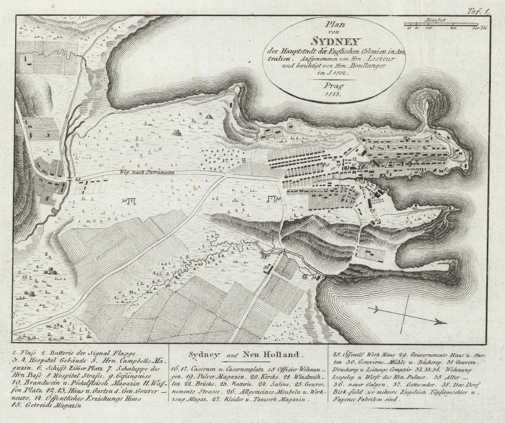 Plan von Sydney der Hauptstadt der Englischen Colonien in Australien. Aufgenommen von Hrn. Lesueur; und berichtigt von Hrn Boullanger i. J. 1802. - Main View