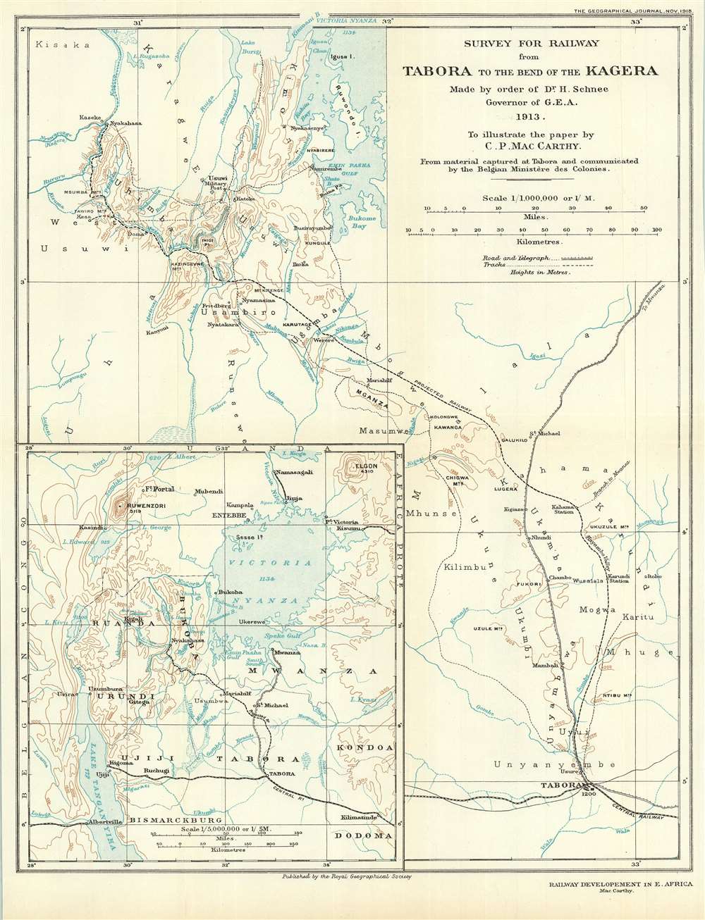 Survey for Railway from Tabora to the Bend of the Kagera. Made by Order of Dr. H. Schnee Governor of G.E.A. 1913. To Illustrate the paper by C. P. MacCarthy. - Main View