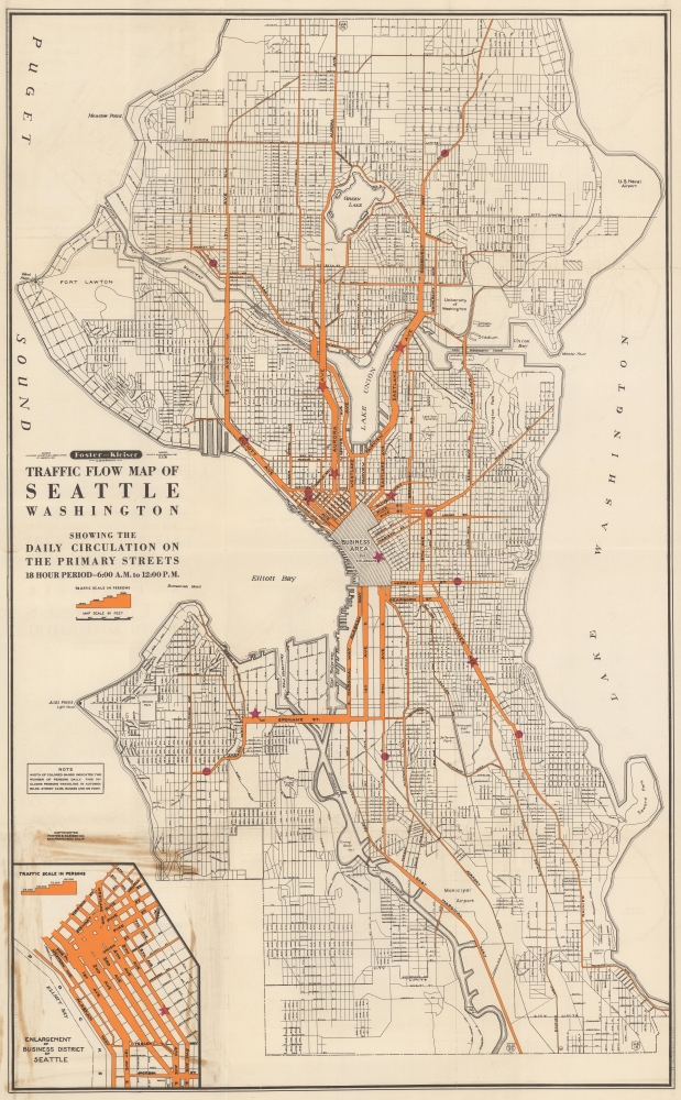 Traffic Flow Map of Seattle, Washington, Showing the Daily Circulation on the Primary Streets 18 Hour Period - 6:00 A.M. to 12:00 P.M. - Main View