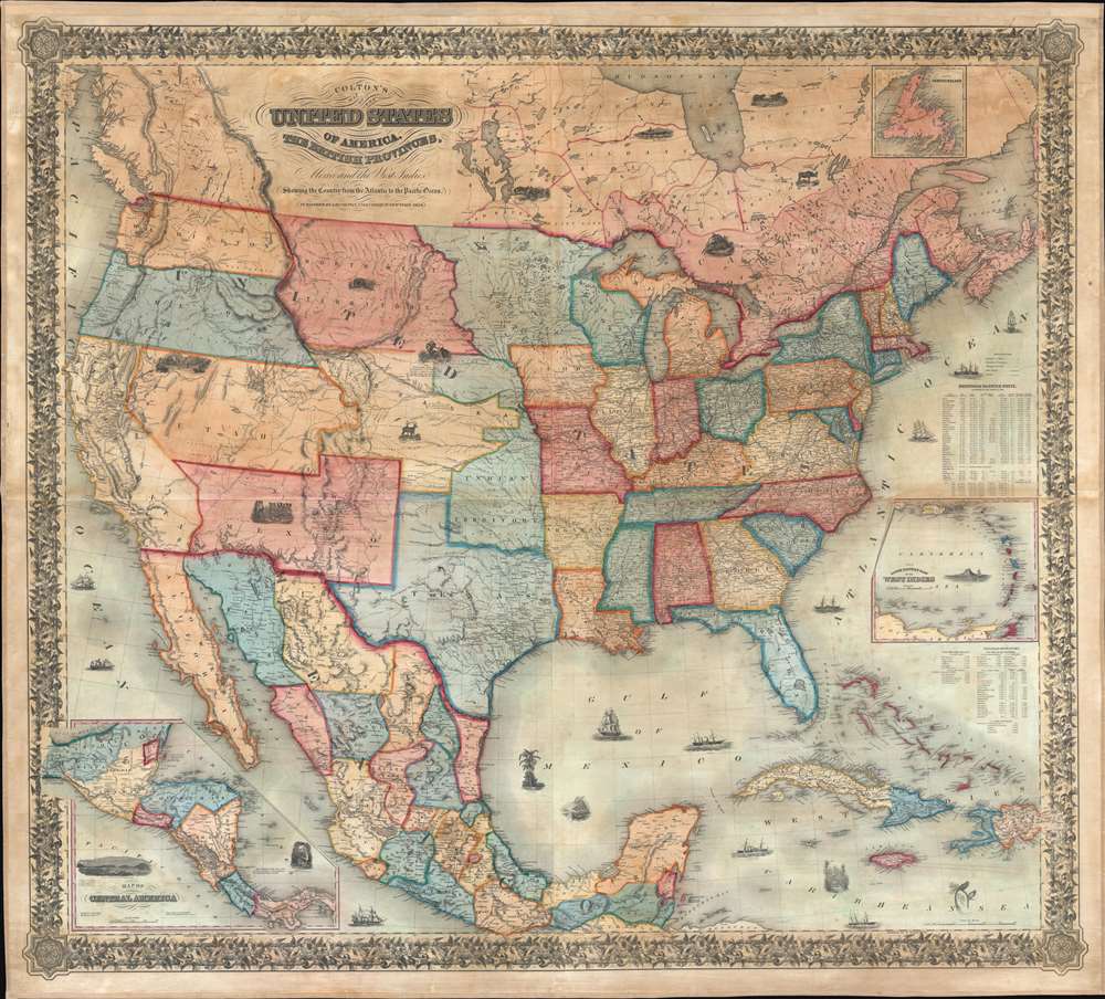 Colton's map of the United States of America, the British provinces, Mexico and the West Indies. Showing the country from the Atlantic to the Pacific Ocean. - Main View