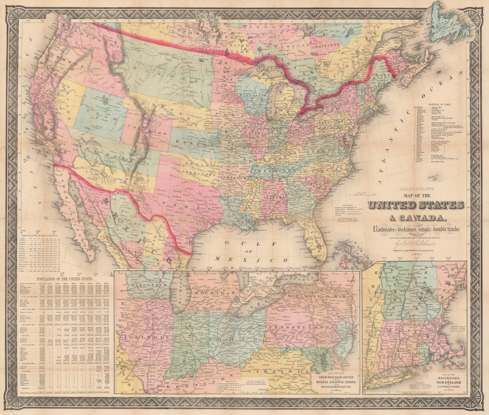 Goldthwait's Map of the United States and Canada, exhibiting the Railroads with their distances, single and double tracks and width of gauge. - Main View