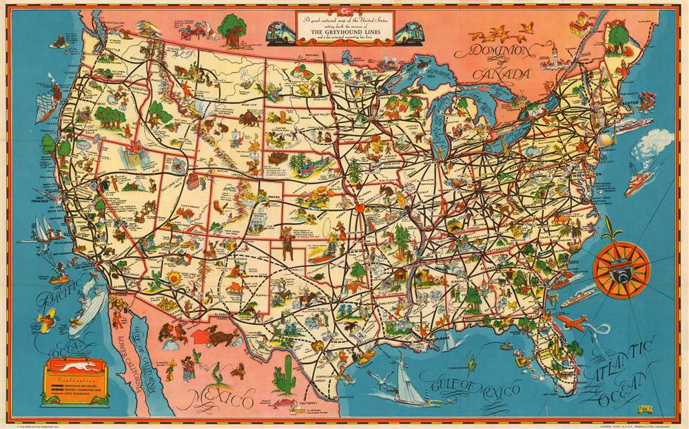 A Good - Natured Map of the United States Setting Forth the Services of The Greyhound Lines and a Few Principal Connecting Bus Lines - Main View