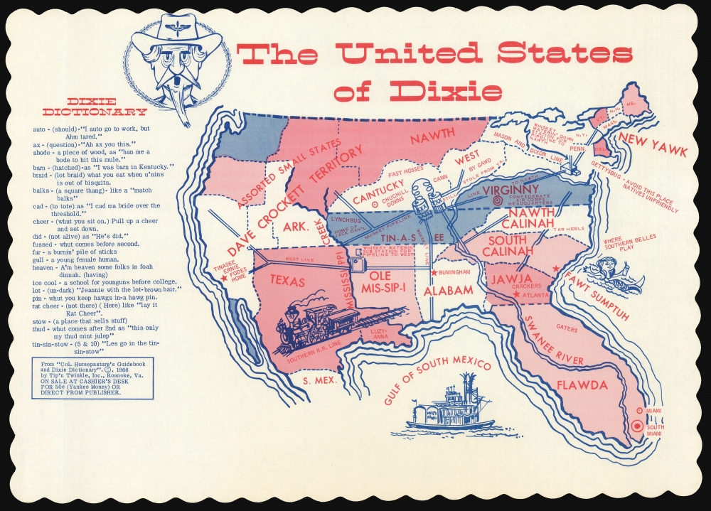 1966 Placemat Map of the United States in the Eyes of a Southerner