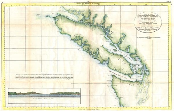 Carta Esferica de los reconocimientos hechos en 1792 en la Costa N.O. de America para examinar la Entrada de Juan de Fuca, y la internacion de sus Canales navegables levantada de ordern del Rey Neustro Senor abordo de la Goletas Sutil y Mexicana. - Main View