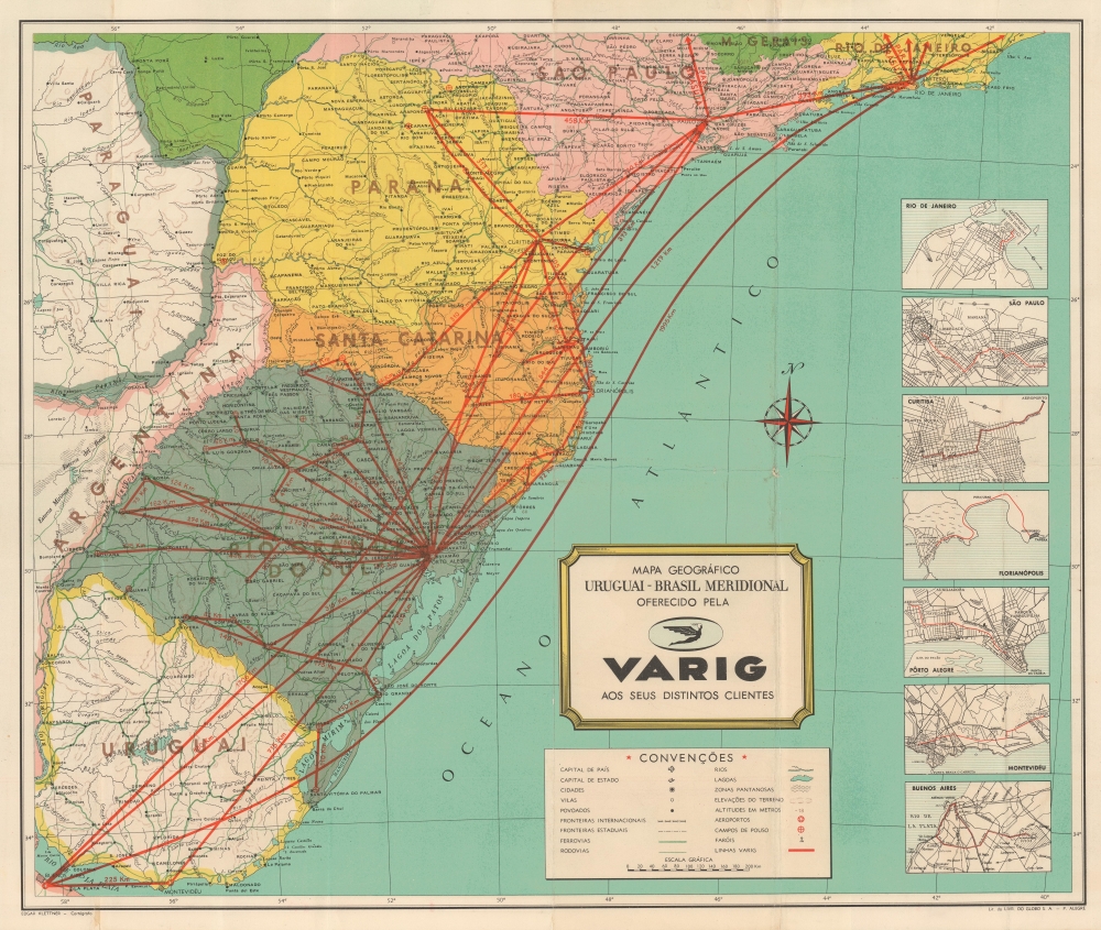 1961 Klettner Map of Brazil and Uruguay, Routes of Varig