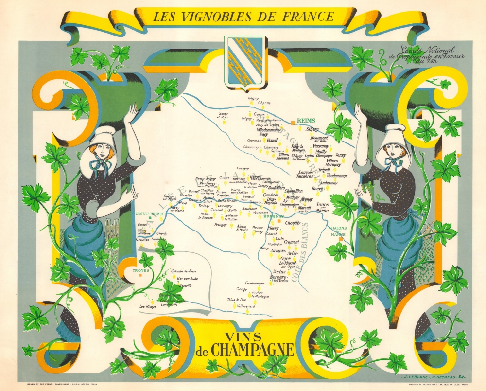 1954 Hétreau Pictorial Wine Map of the Champagne Wine Region, France