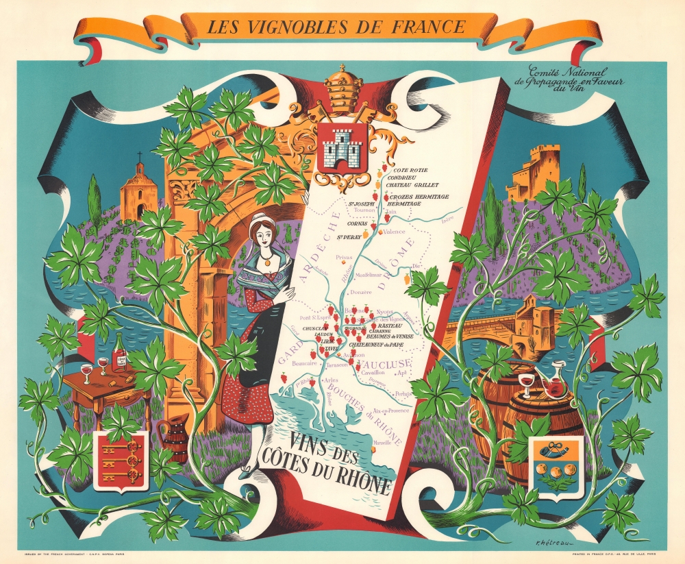 1954 Hétreau Pictorial Wine Map of the Côtes du Rhône Wine Region, France