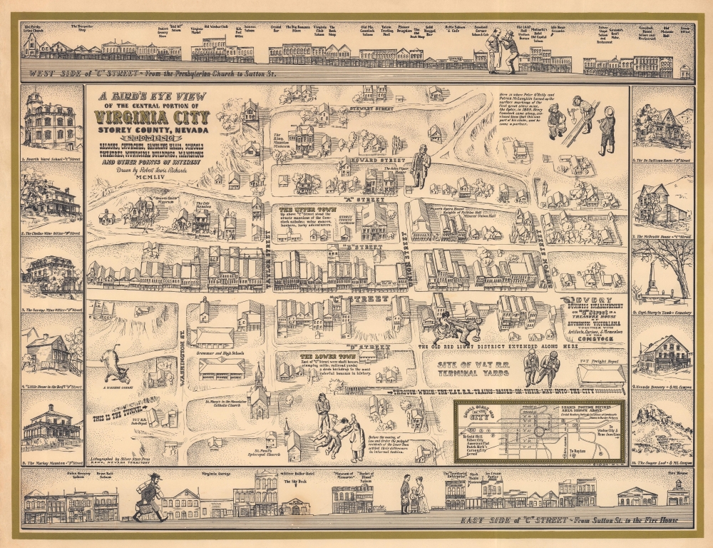 A Bird's Eye View of the Central Portion of Virginia City Storey County, Nevada Showing Saloons, Churches, Gambling Halls, Schools, Theatres, Municipal Buildings, Mansions and Other Points of Interest. - Main View