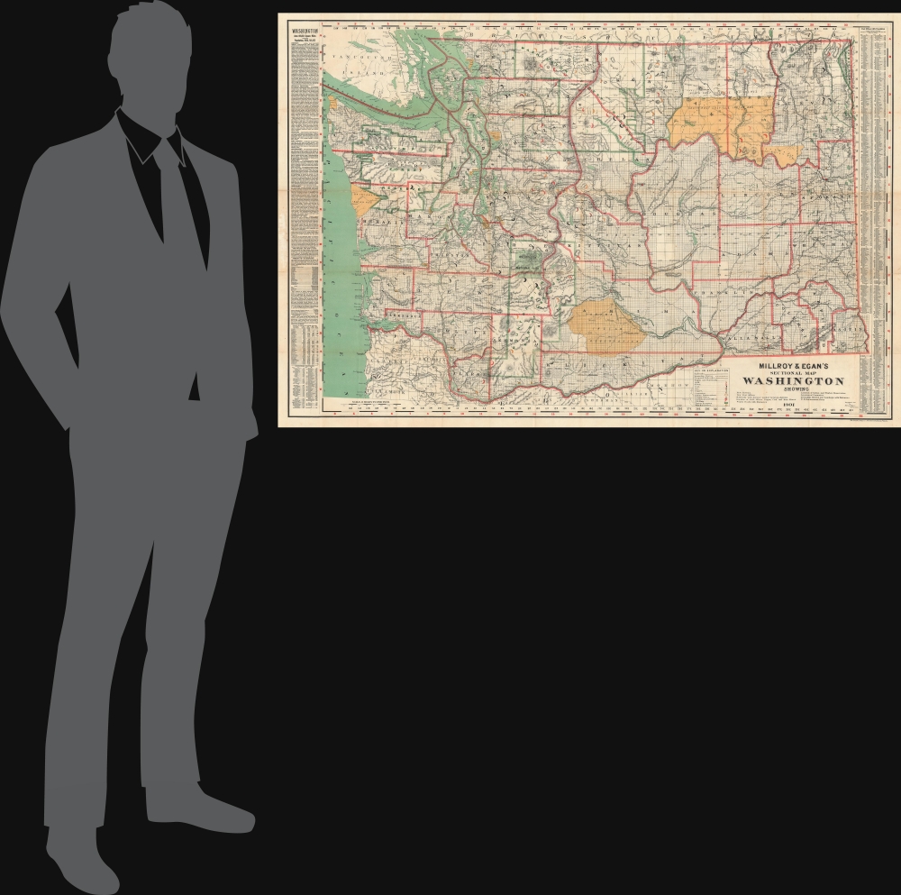 Millroy and Egan's Sectional Map Washington showing New Surveys. New Post Offices. Railroads with distance marked between stations. Locations of Gold, Silver, Copper, Coal and Iron Mines. Wagon Roads with Distances. Location of Indian and Timber Reservation. Location of Canneries. Steamship Routes and Landings with Distances. U.S. Government Forts. - Alternate View 1