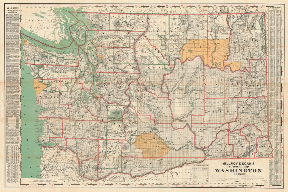 Millroy and Egan's Sectional Map Washington showing New Surveys. New Post Offices. Railroads with distance marked between stations. Locations of Gold, Silver, Copper, Coal and Iron Mines. Wagon Roads with Distances. Location of Indian and Timber Reservation. Location of Canneries. Steamship Routes and Landings with Distances. U.S. Government Forts. - Main View