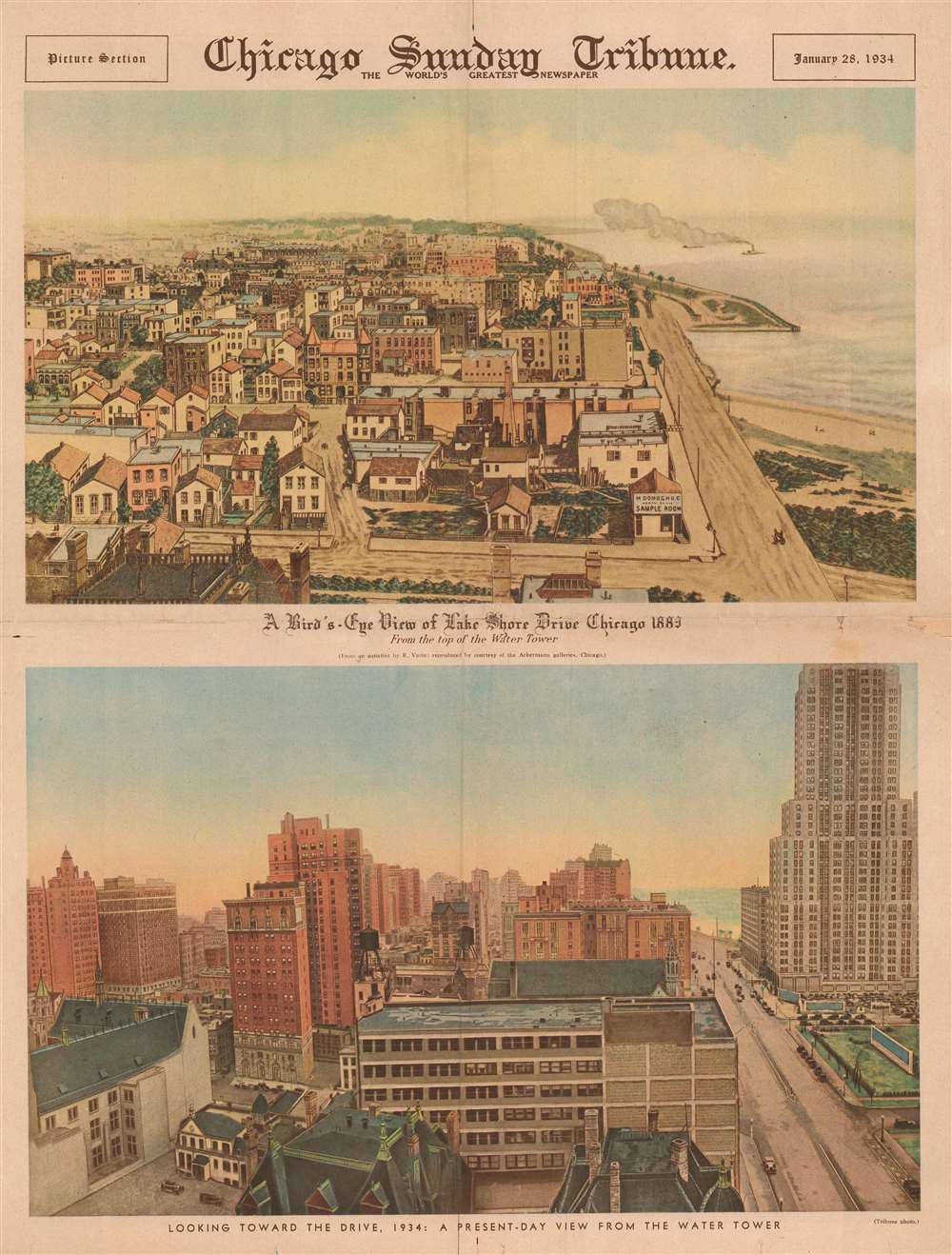 A Bird's-Eye View of Lake Shore Drive Chicago 1883 From the top of the Water Tower. Looking toward the Drive, 1934: A Present-Day View from the Water Tower. - Main View