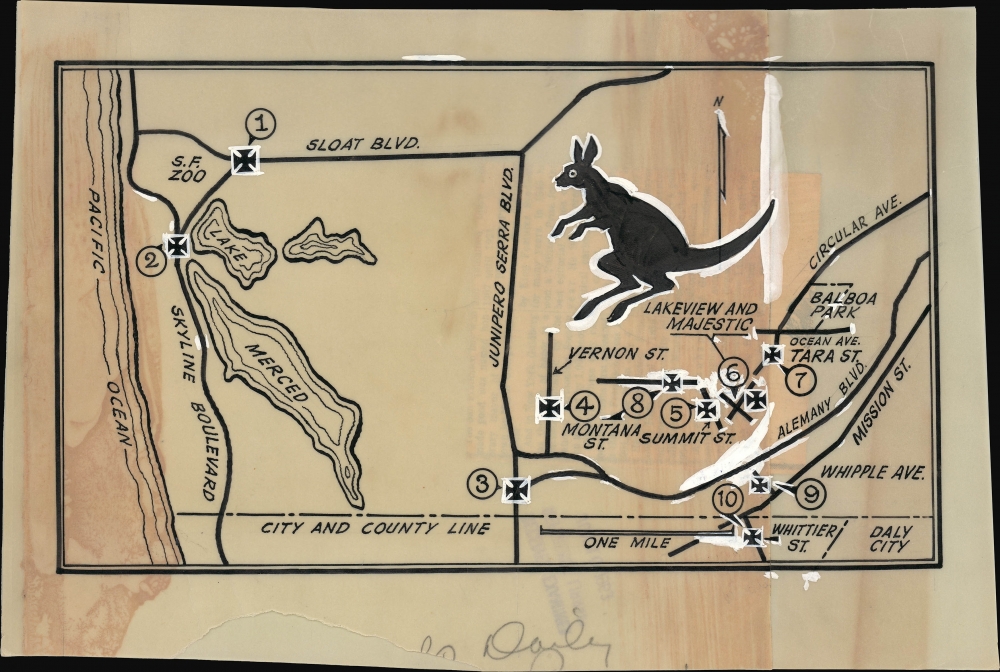 1963 S.F. Examiner Manuscript 'Wallaroo' Map of Lake Merced, San Francisco