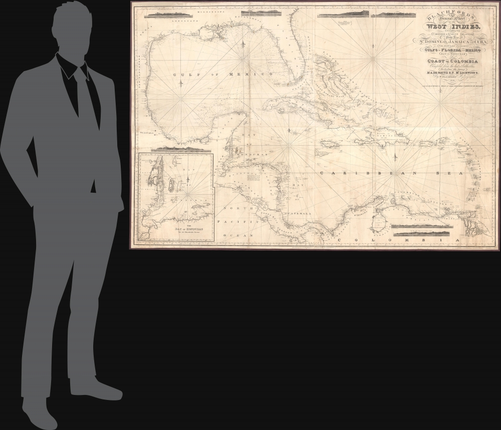 Blachfords, New General Chart of the West Indies, Including the Caribee and Virgin Islands, Porto Rico, St. Domingo, Jamaica and Cuba. The Windward Passages gulfs of Florida and Mexico, Bay of Honduras, And Coast of Colombia Compiled from the best Authorities, Including the surveys of Mr. A. de Mayne R.N., Mr. Lockwood etc. - Alternate View 1