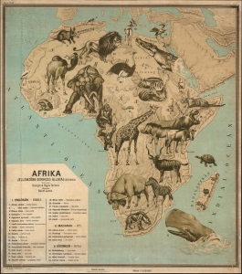 1928 Terezia and Janos Pictorial Zoological Wall Map of Africa in Hungarian